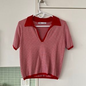 Zara red and white stripped knit polo
